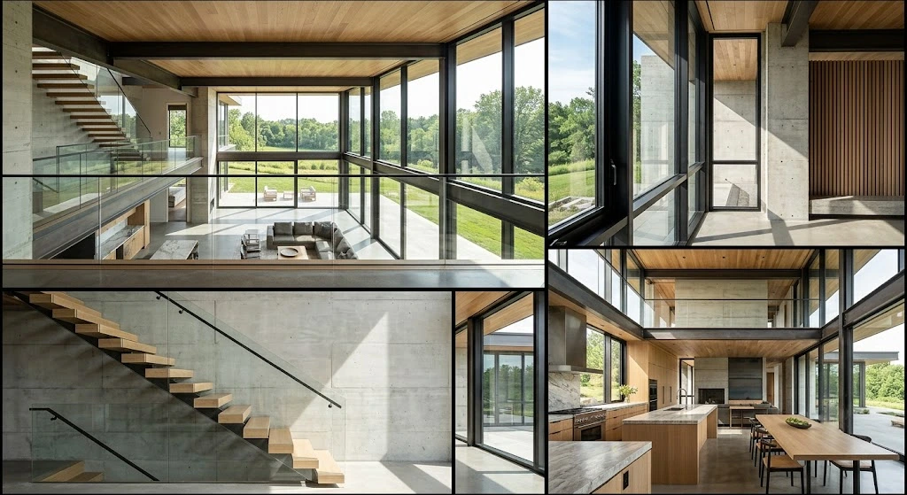 Key architectural features of an ultra modern home interior.