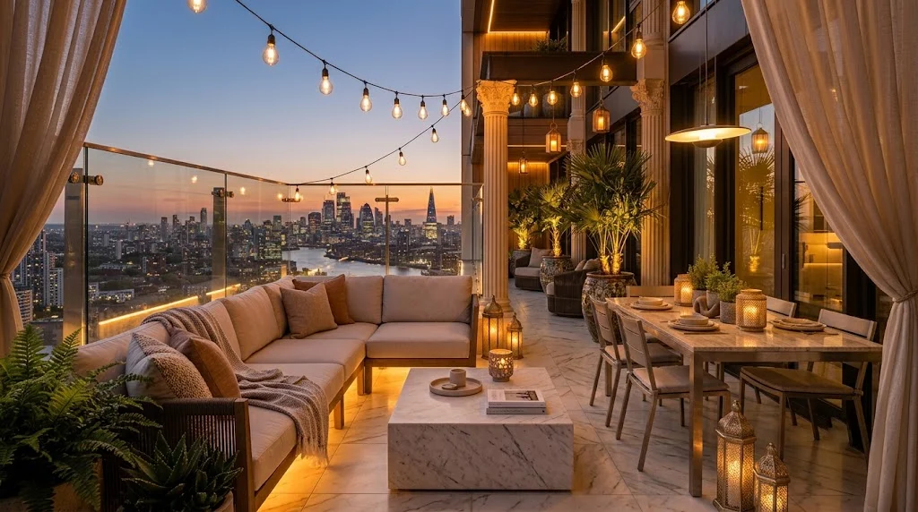 Luxury balcony illuminated with warm outdoor lighting in the evening.