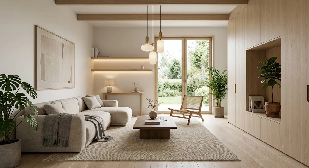 Minimalist modern living room with neutral colors and indoor plants.