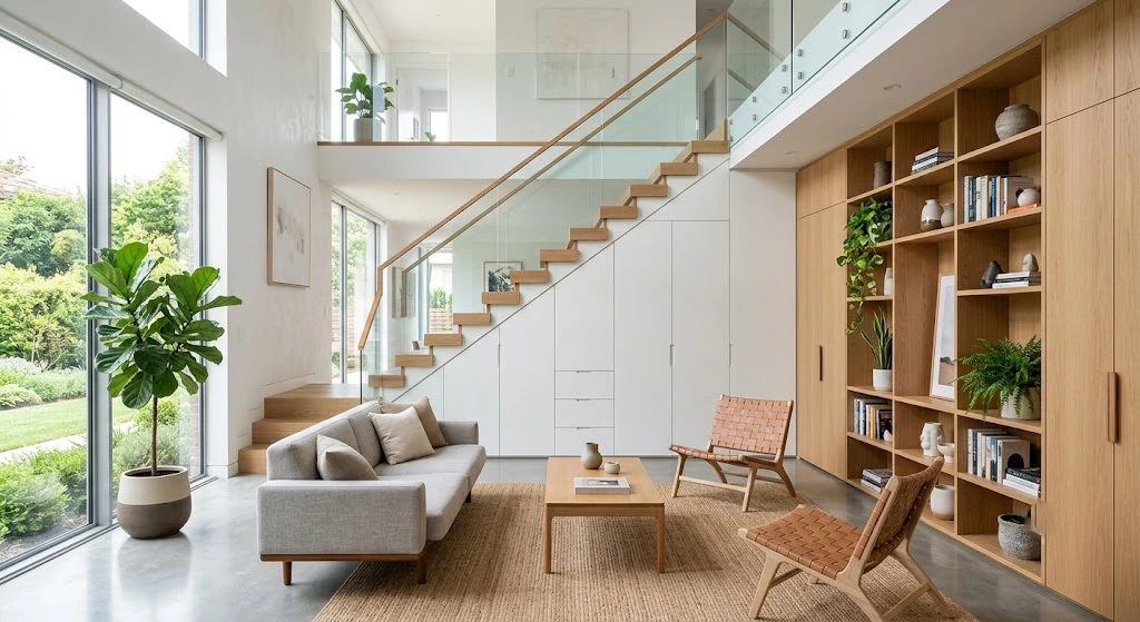Hidden storage solutions inside a modern minimalist home.