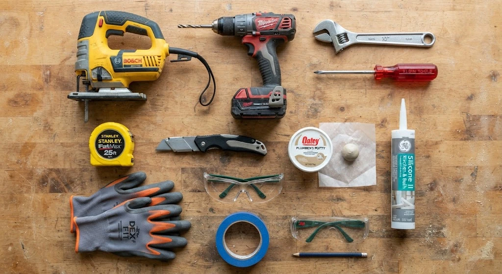 Essential tools for installing a kitchen sink.