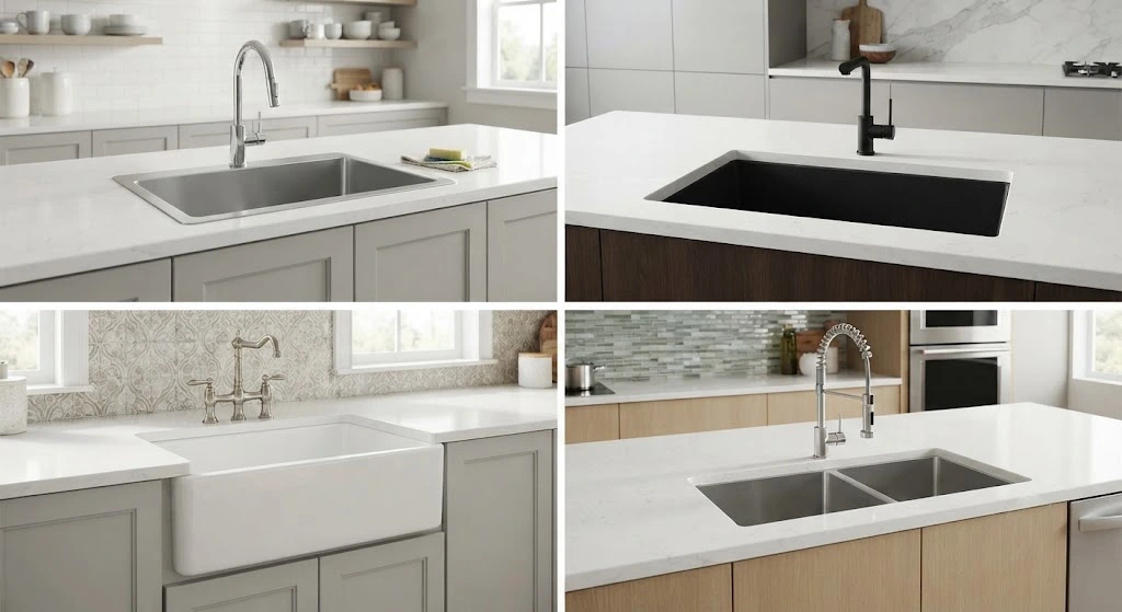 Different types of kitchen sinks including drop-in, undermount, farmhouse, and double-bowl sinks.