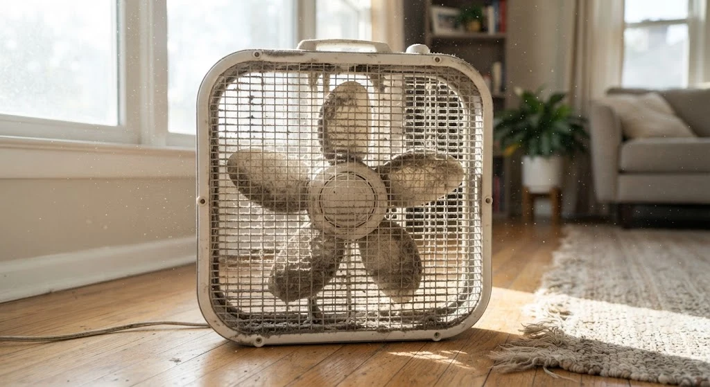 Dust buildup on a dirty box fan