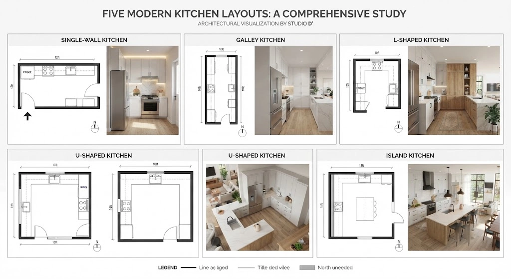 Popular kitchen design layout styles including L-shaped, U-shaped, galley, and island kitchens