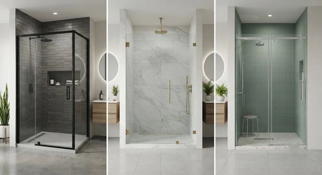 Framed, frameless, and sliding shower doors