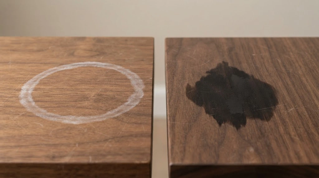 White and dark ring stains on wood furniture