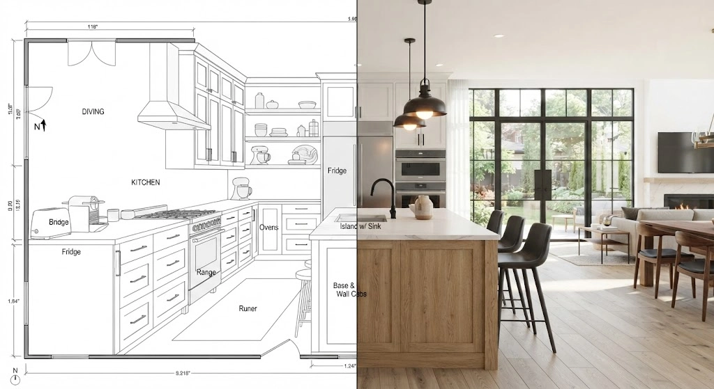 Comparison between a kitchen design drawing and a realistic 3D kitchen design
