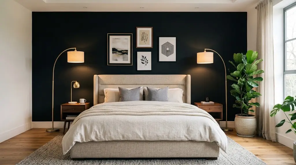 Black accent wall behind a bedroom bed