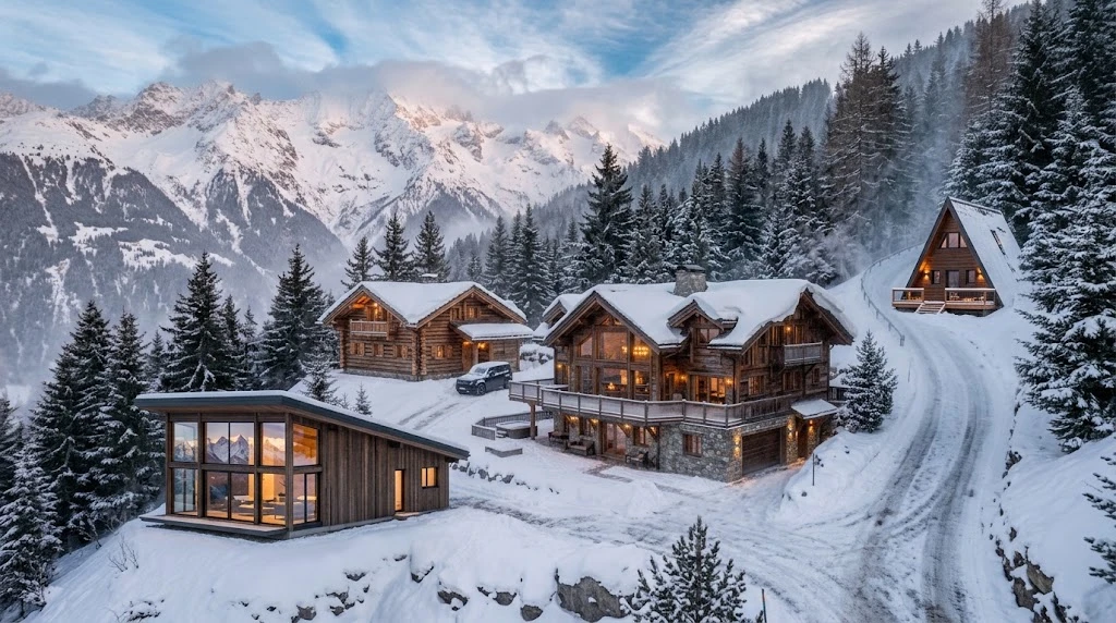 Different mountain house styles including cabin A-frame timber frame and chalet