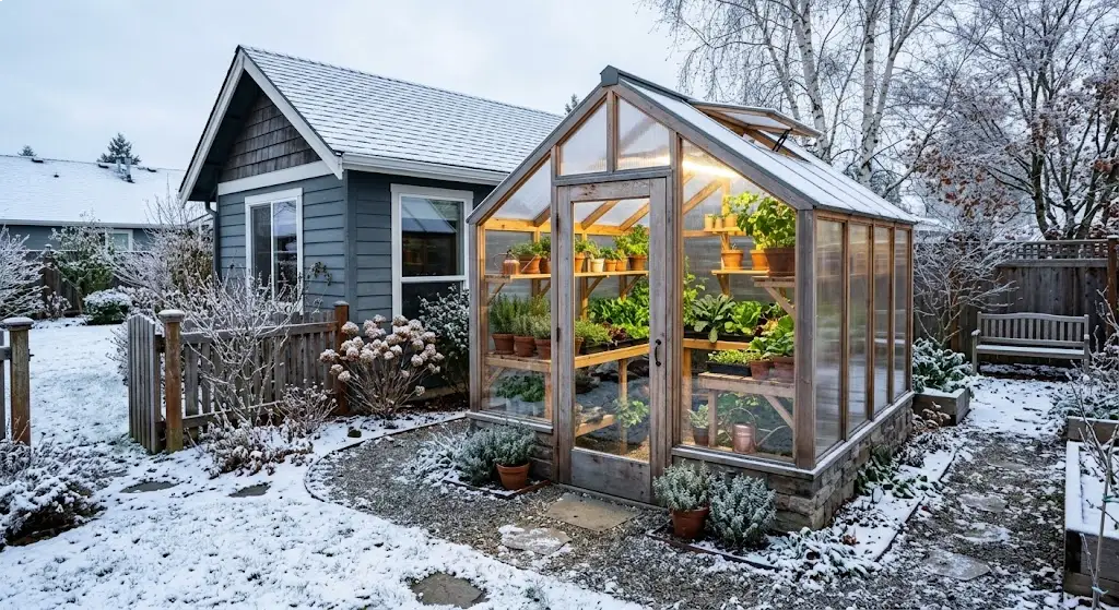 Small winter greenhouse in a compact backyard