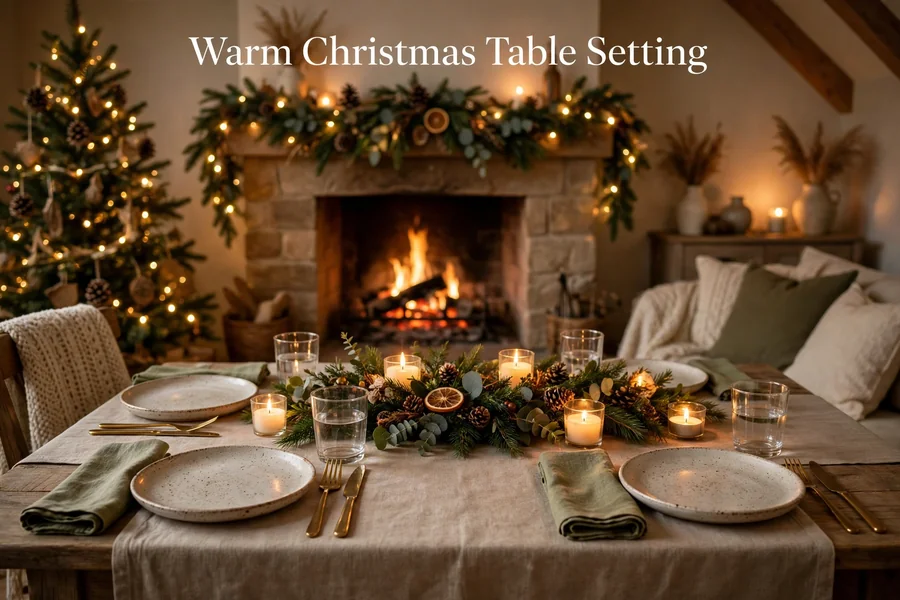 Christmas Home Decor 2026 dining table with low centrepiece and warm candles