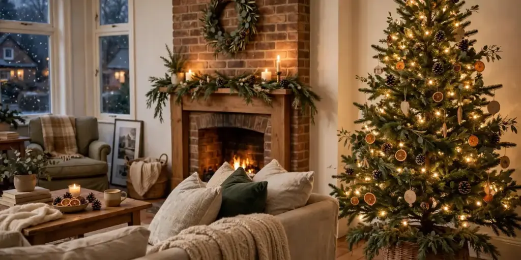 Ideas That Make Your Home Feel Festive Christmas Home Decor 2026 in a warm USA living room with a lit tree and simple festive styling