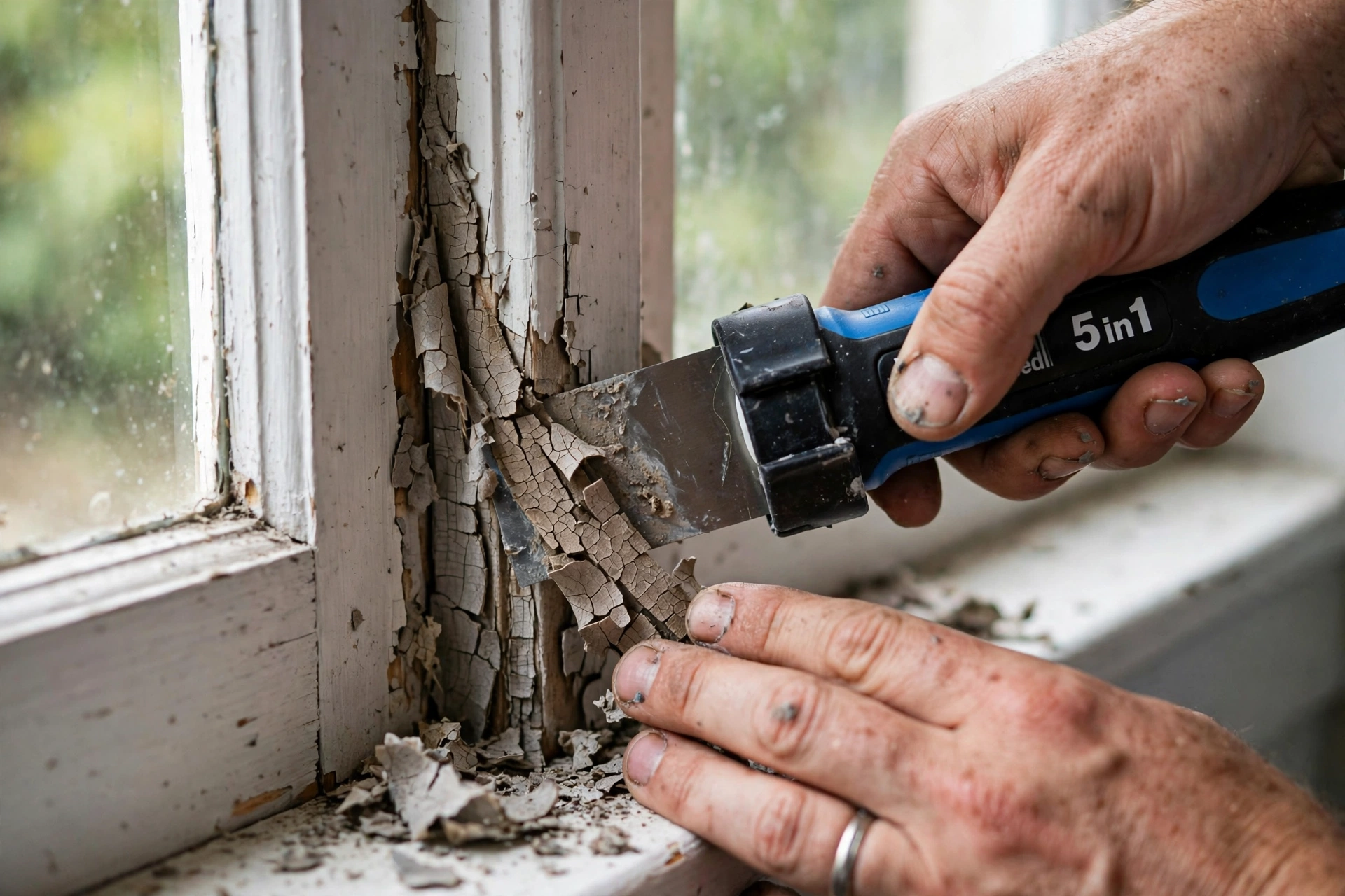 Removing old cracked caulk from a window frame