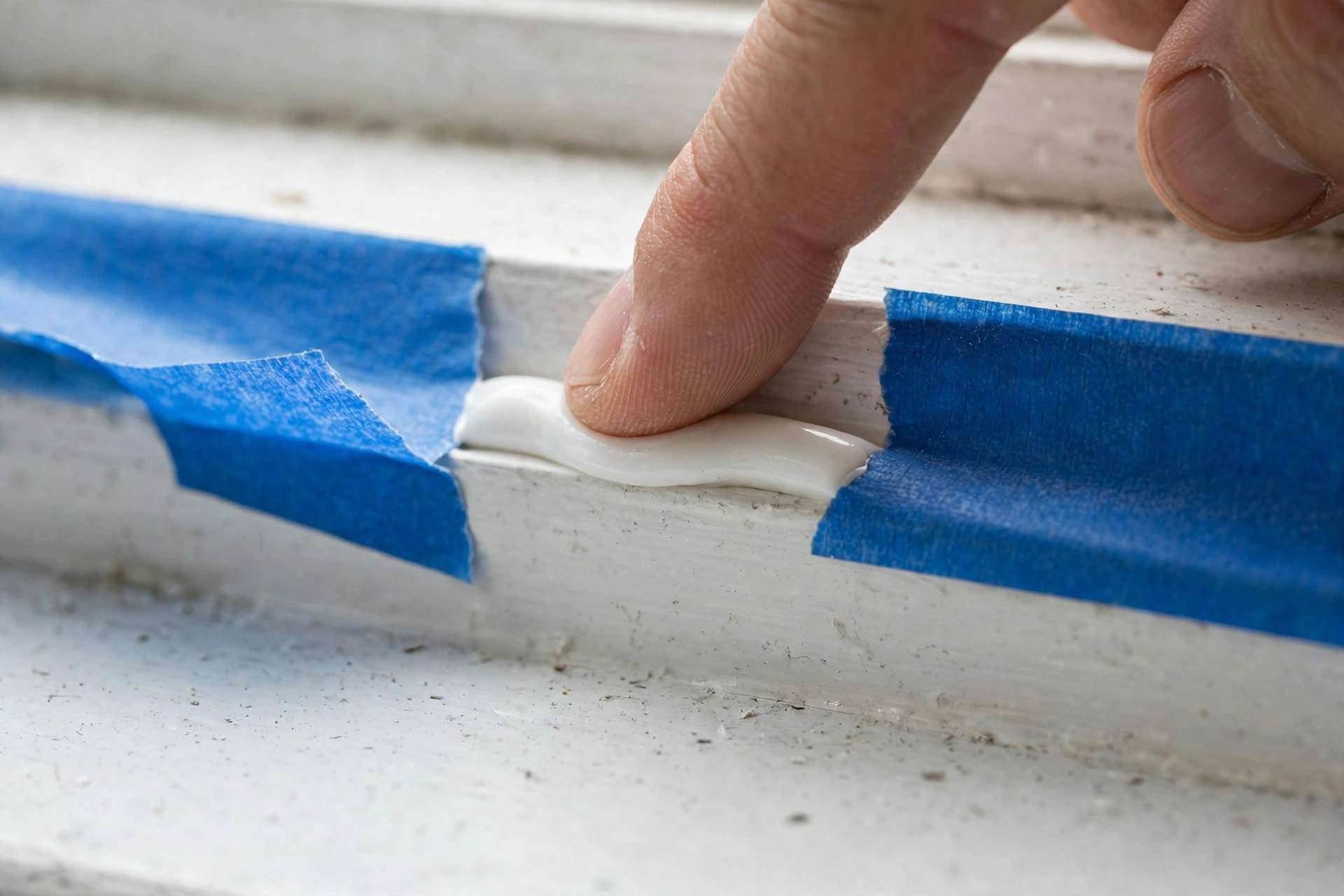 Smoothing a fresh caulk bead on a window frame