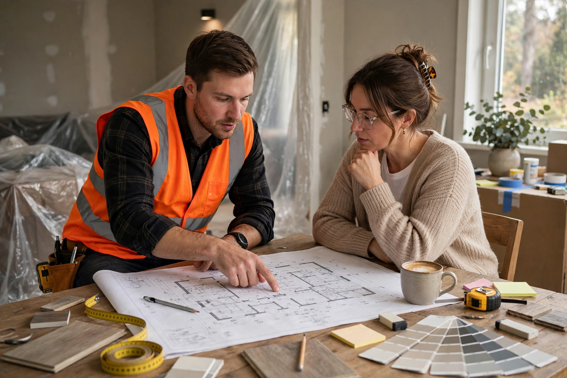 Contractor reviewing renovation plans with a homeowner