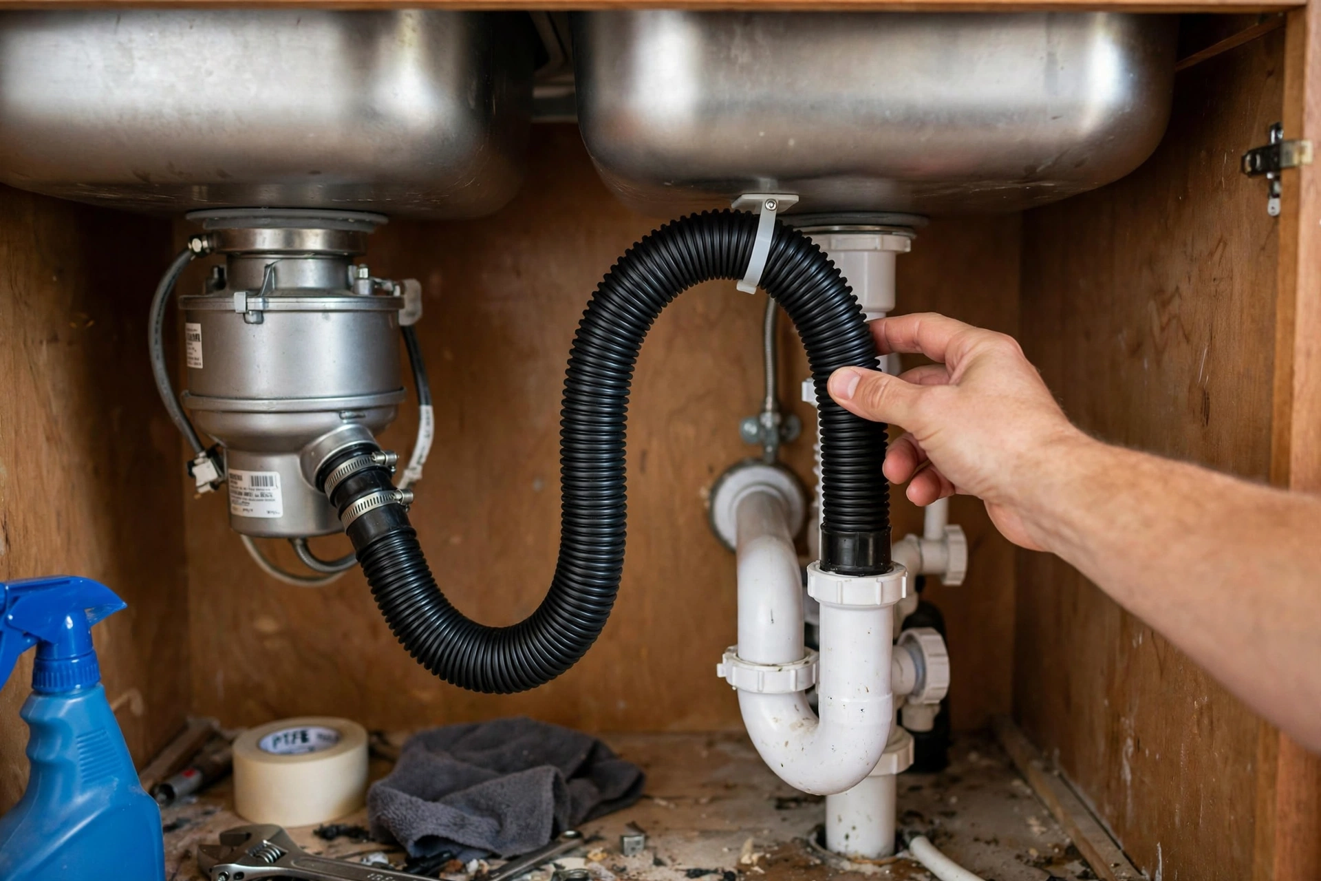 Checking the dishwasher drain hose high loop under the sink