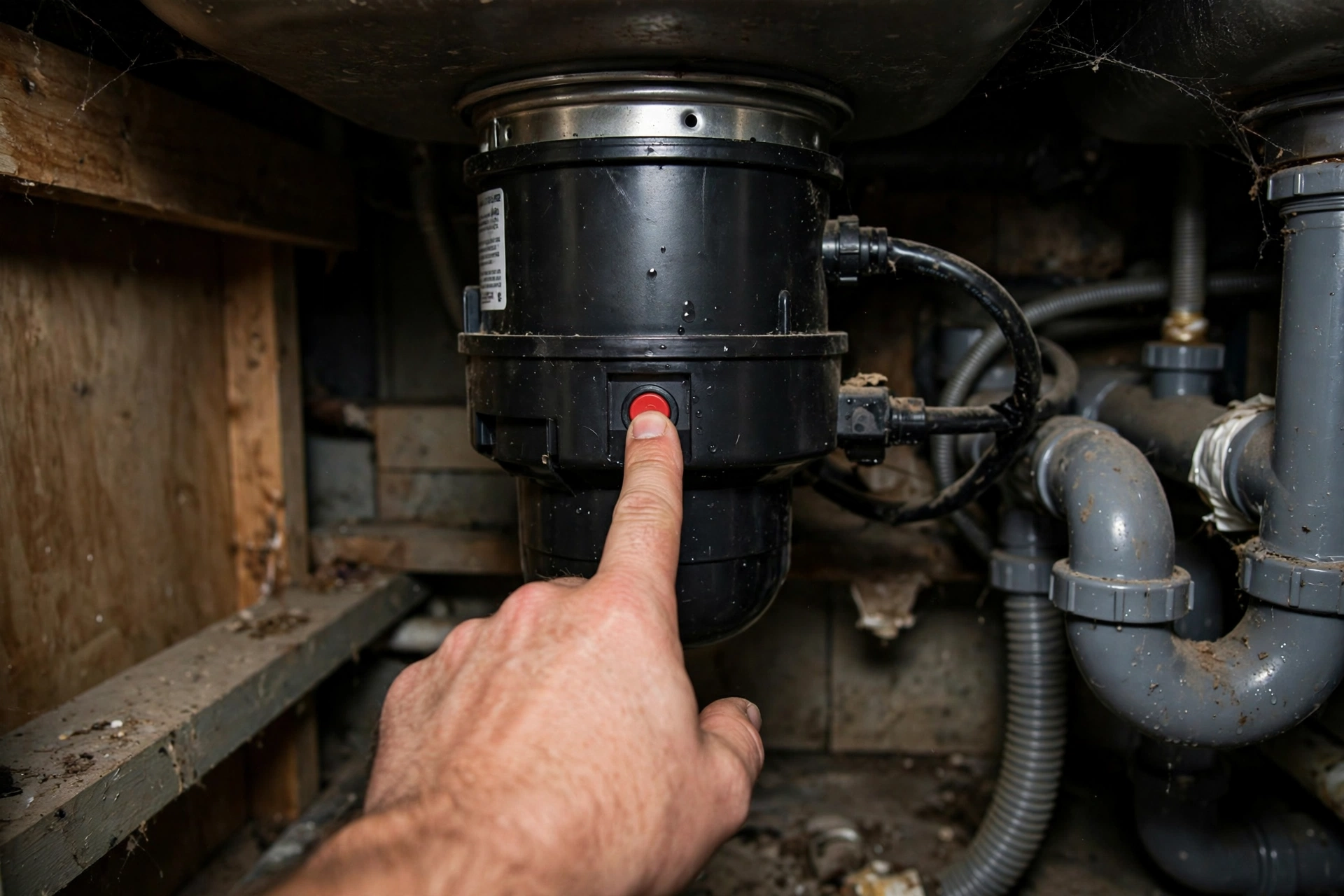 Pressing the reset button on a garbage disposal