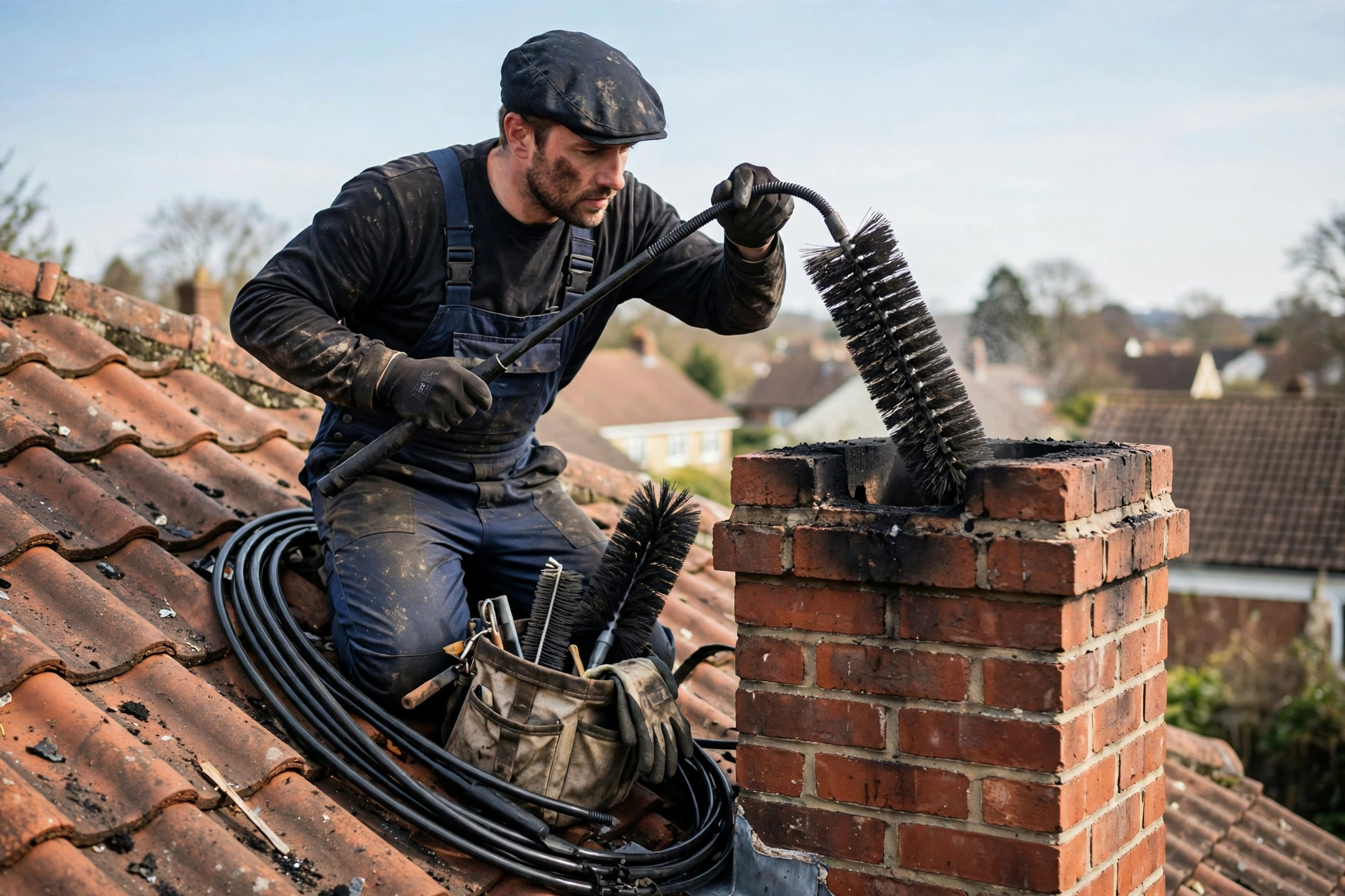 Professional chimney sweep cleaning a brick chimney