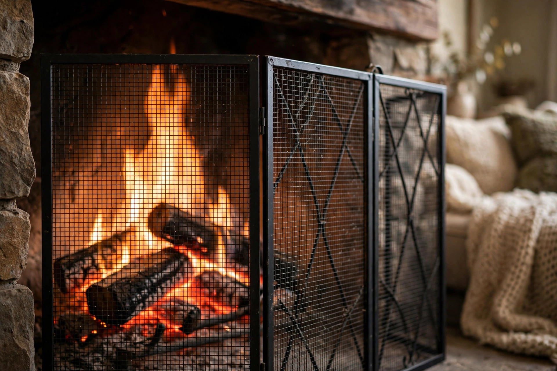 Fireplace with a metal safety screen in front of the flames