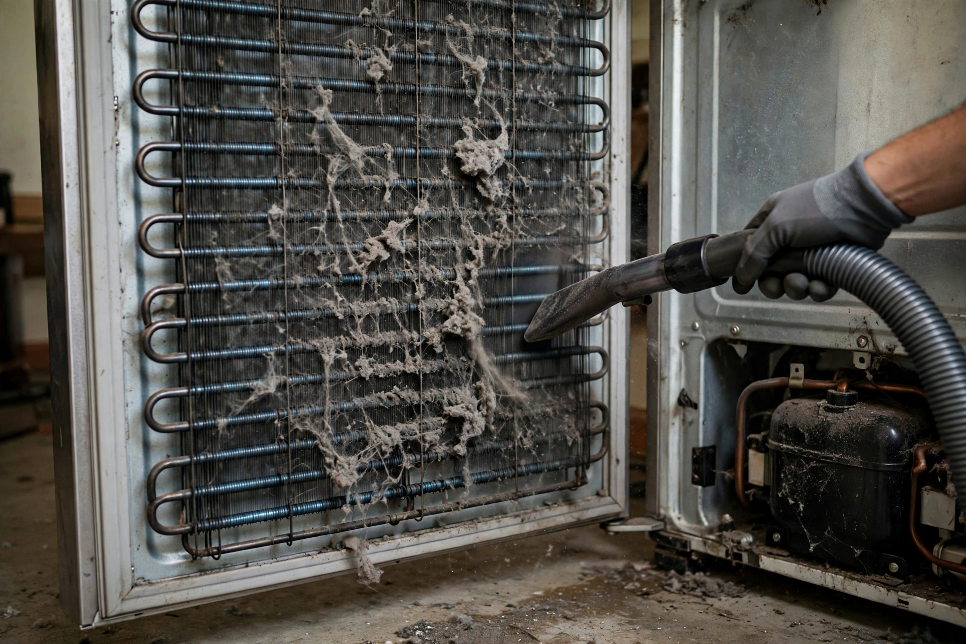 Vacuuming dusty refrigerator condenser coils
