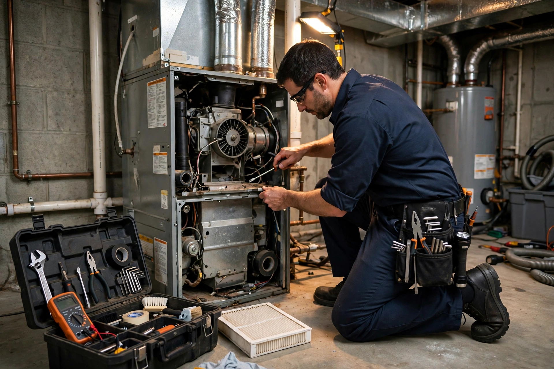 HVAC technician performing furnace maintenance