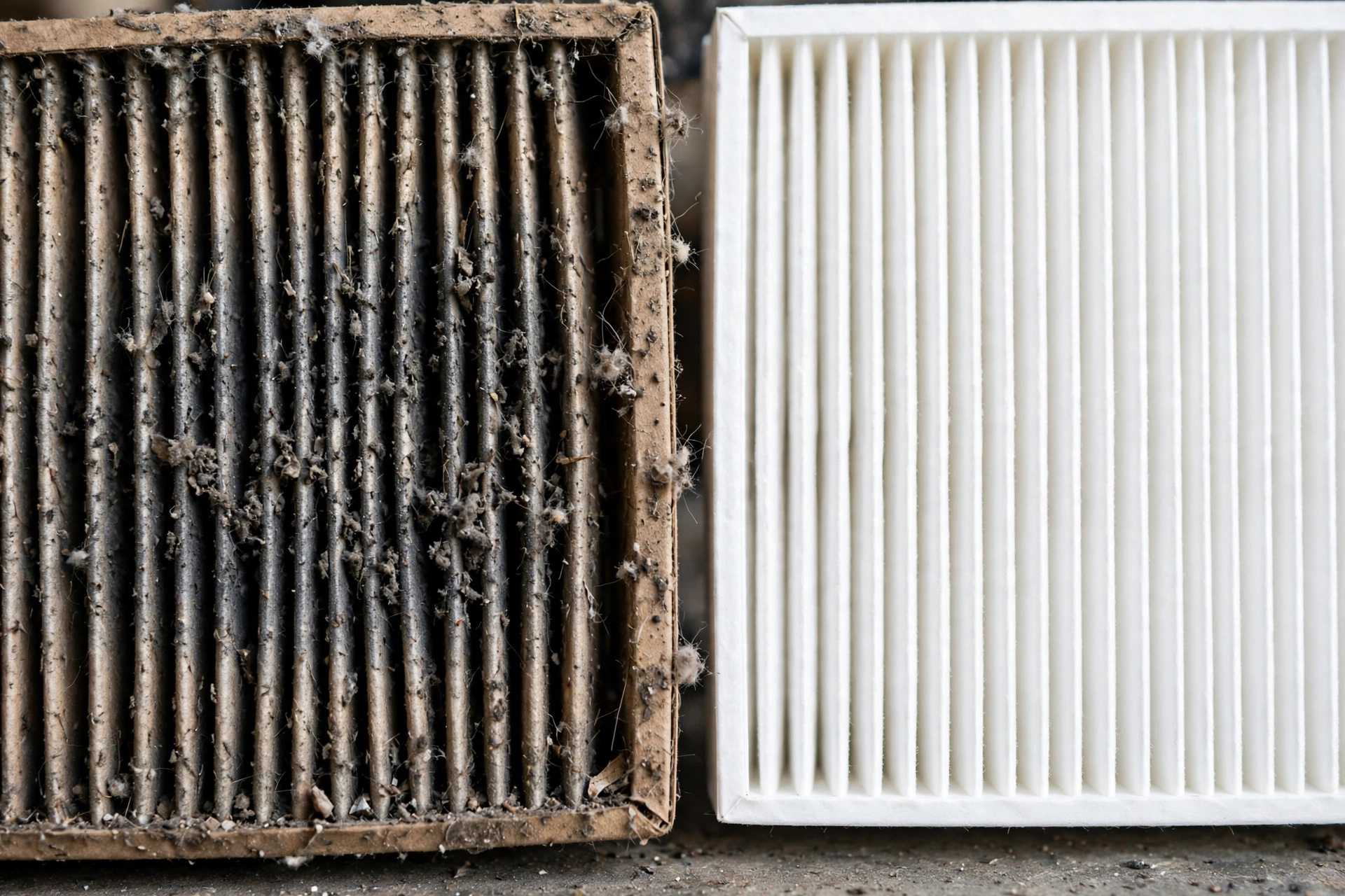 Dirty furnace filter next to a clean replacement filter