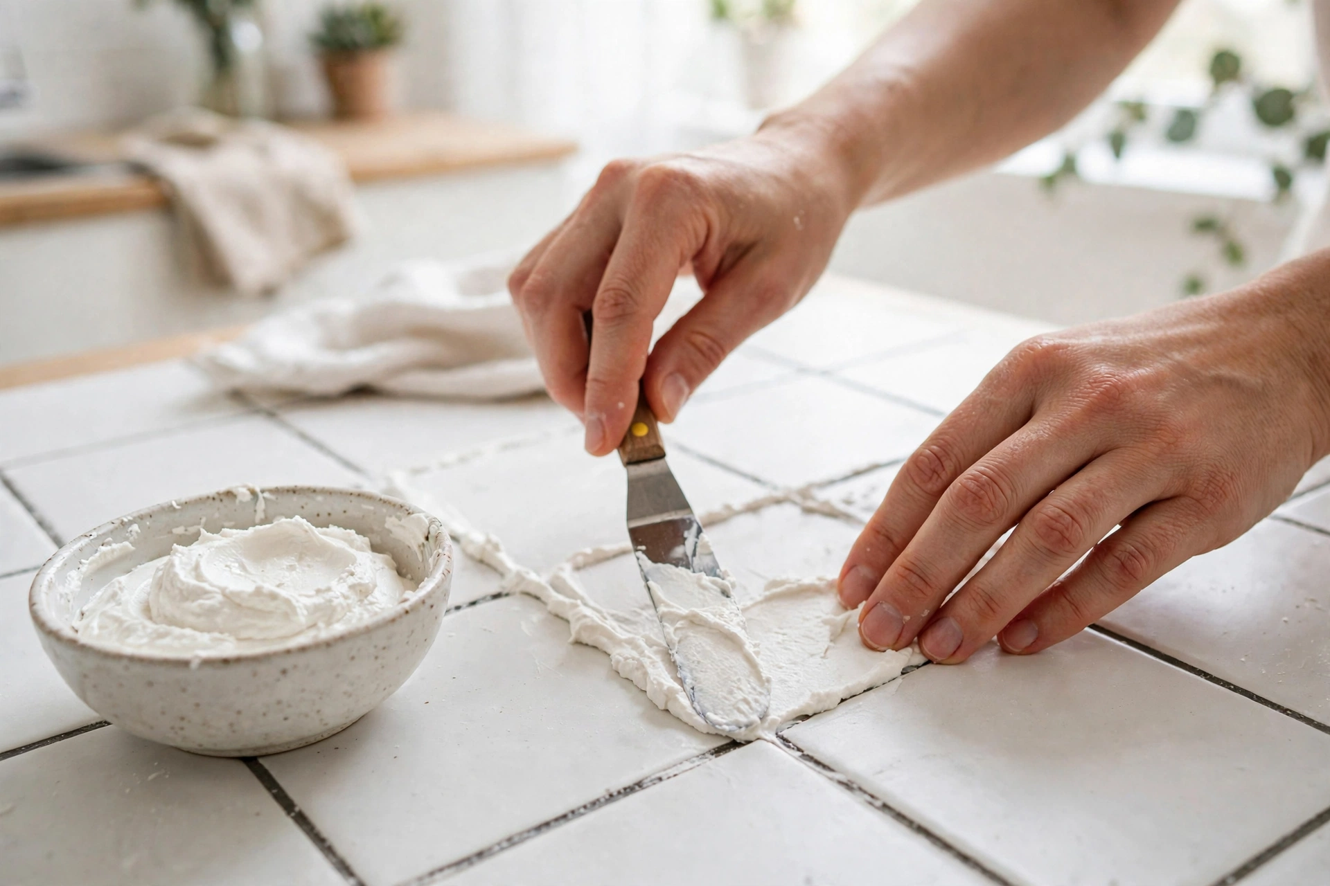Applying baking soda paste to tile grout lines
