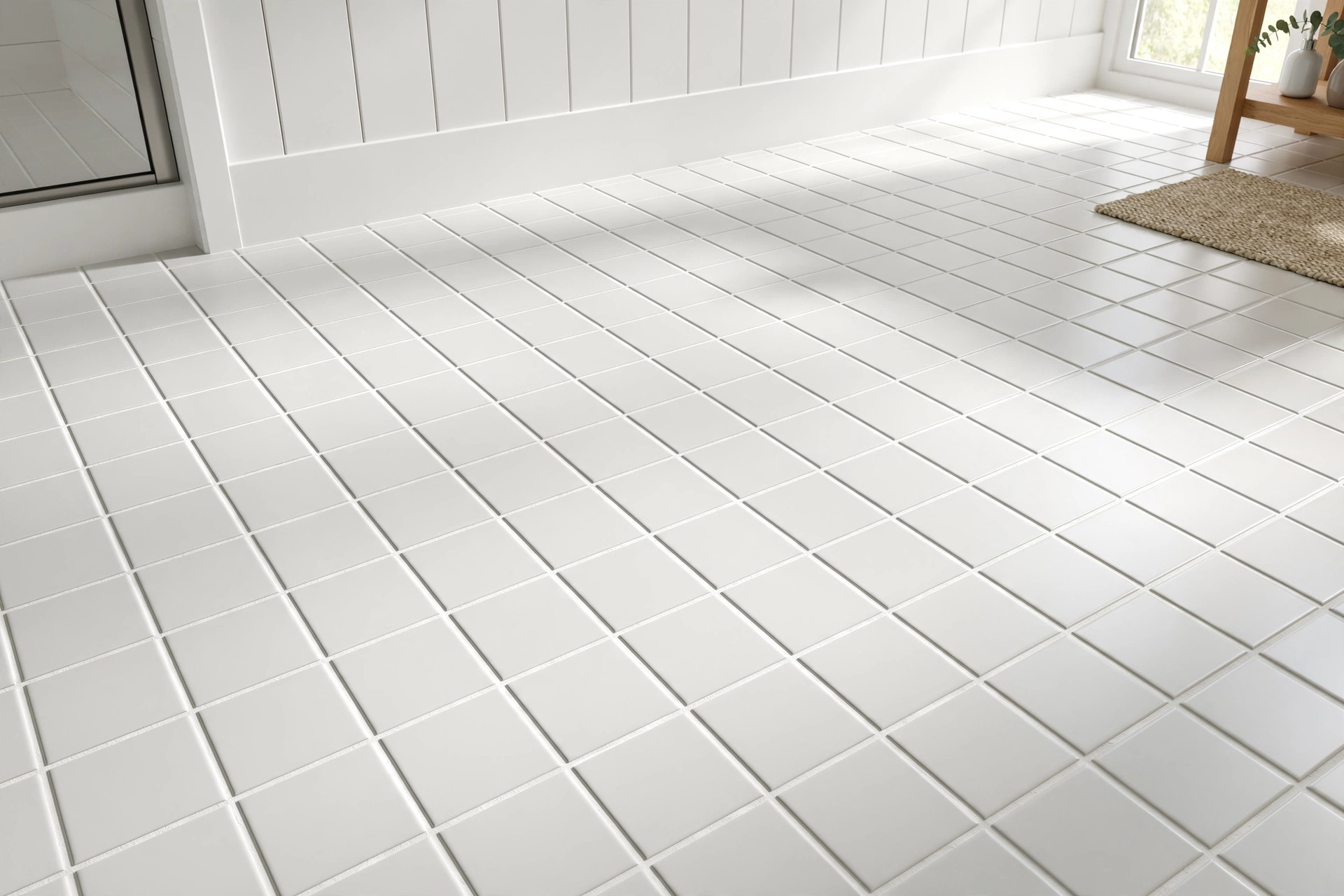 Clean white grout lines after deep cleaning