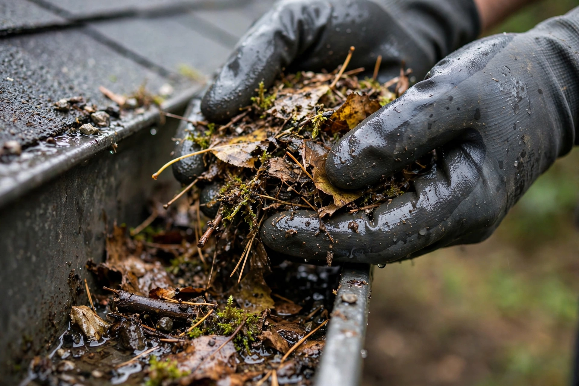 Scooping leaves and debris from a house gutter