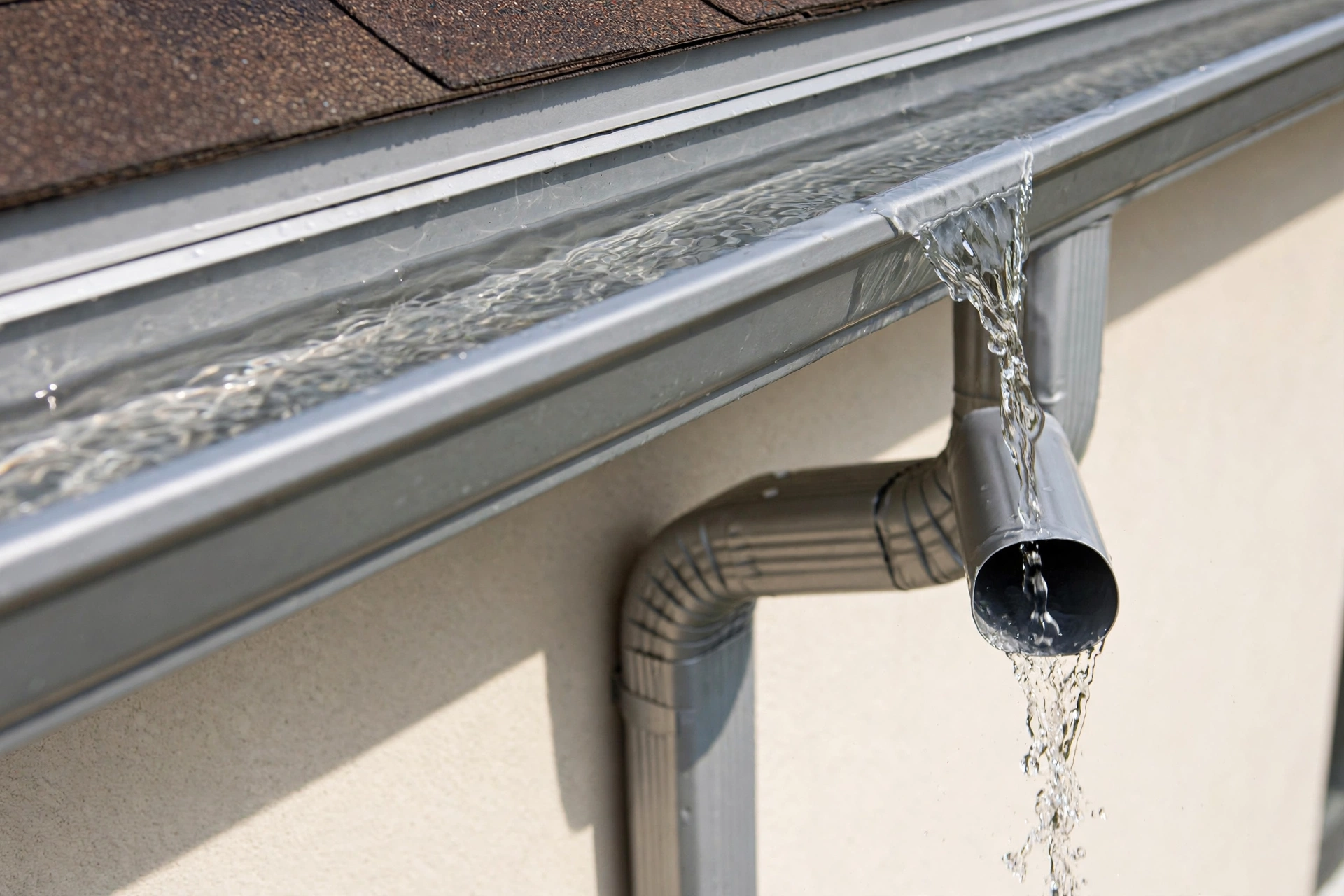 Clean gutter with water flowing to the downspout