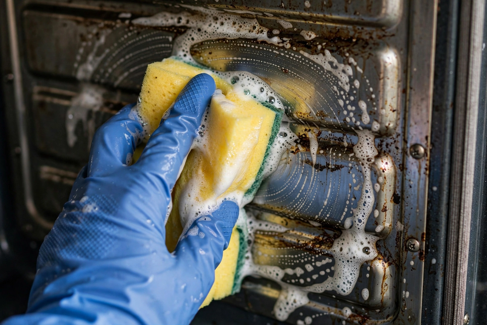 Scrubbing the inside of an oven during manual cleaning