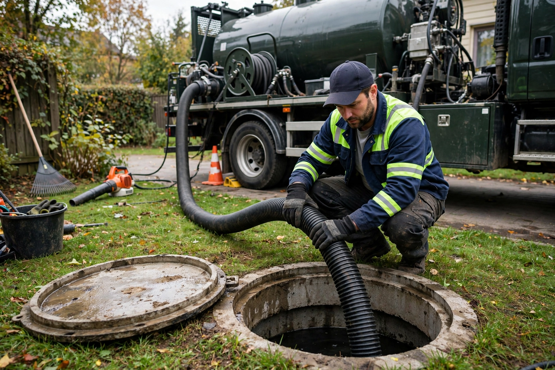 Septic tank being pumped by a service truck