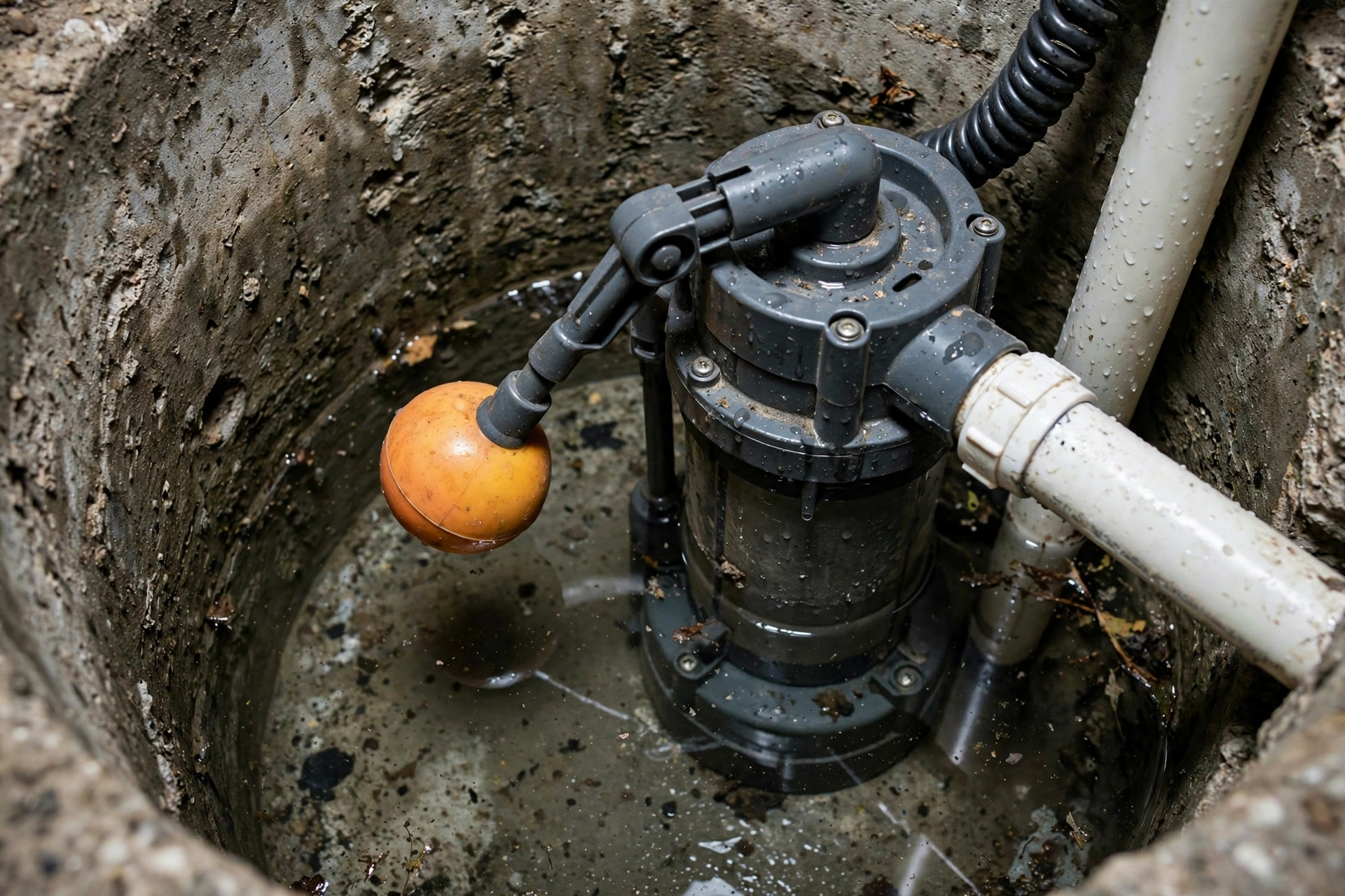 Sump pump with float switch inside a basement pit