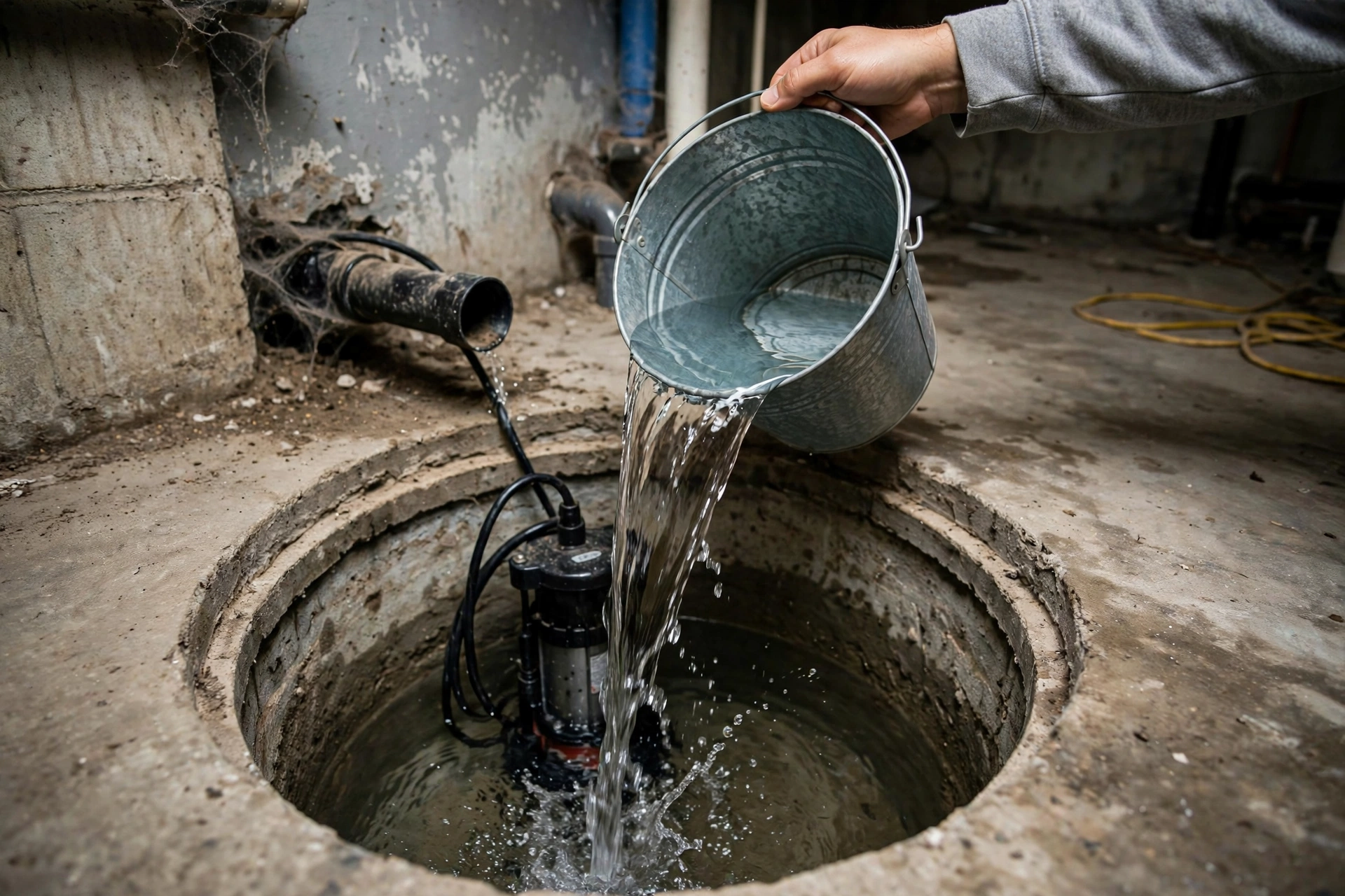Testing a sump pump by pouring water into the pit
