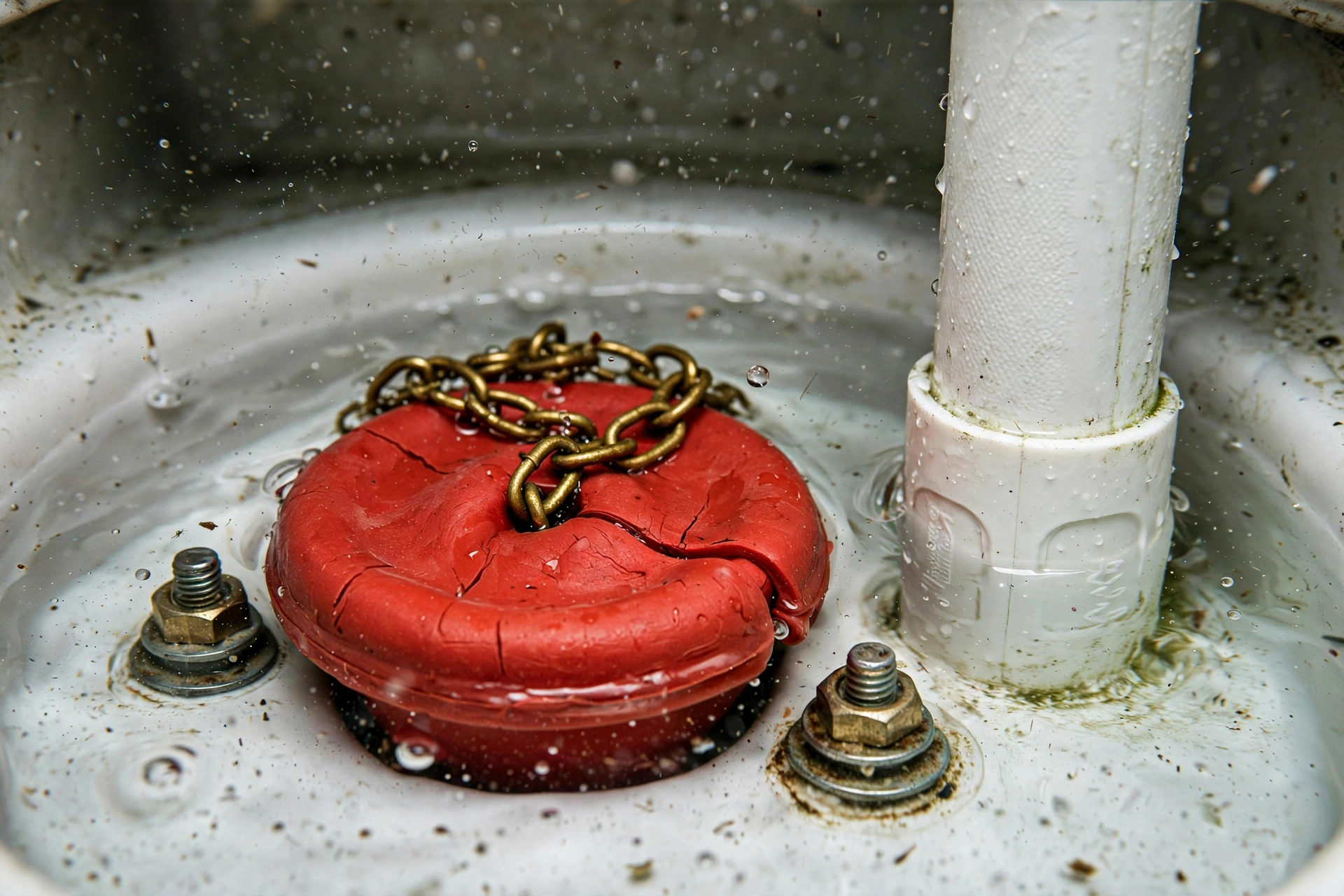 Close-up of toilet flapper valve in tank