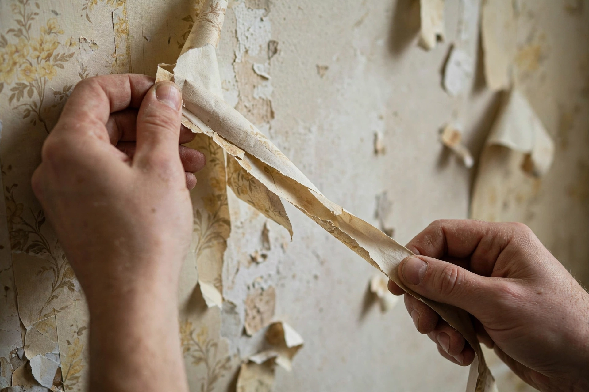Peeling old wallpaper from a wall in long strips