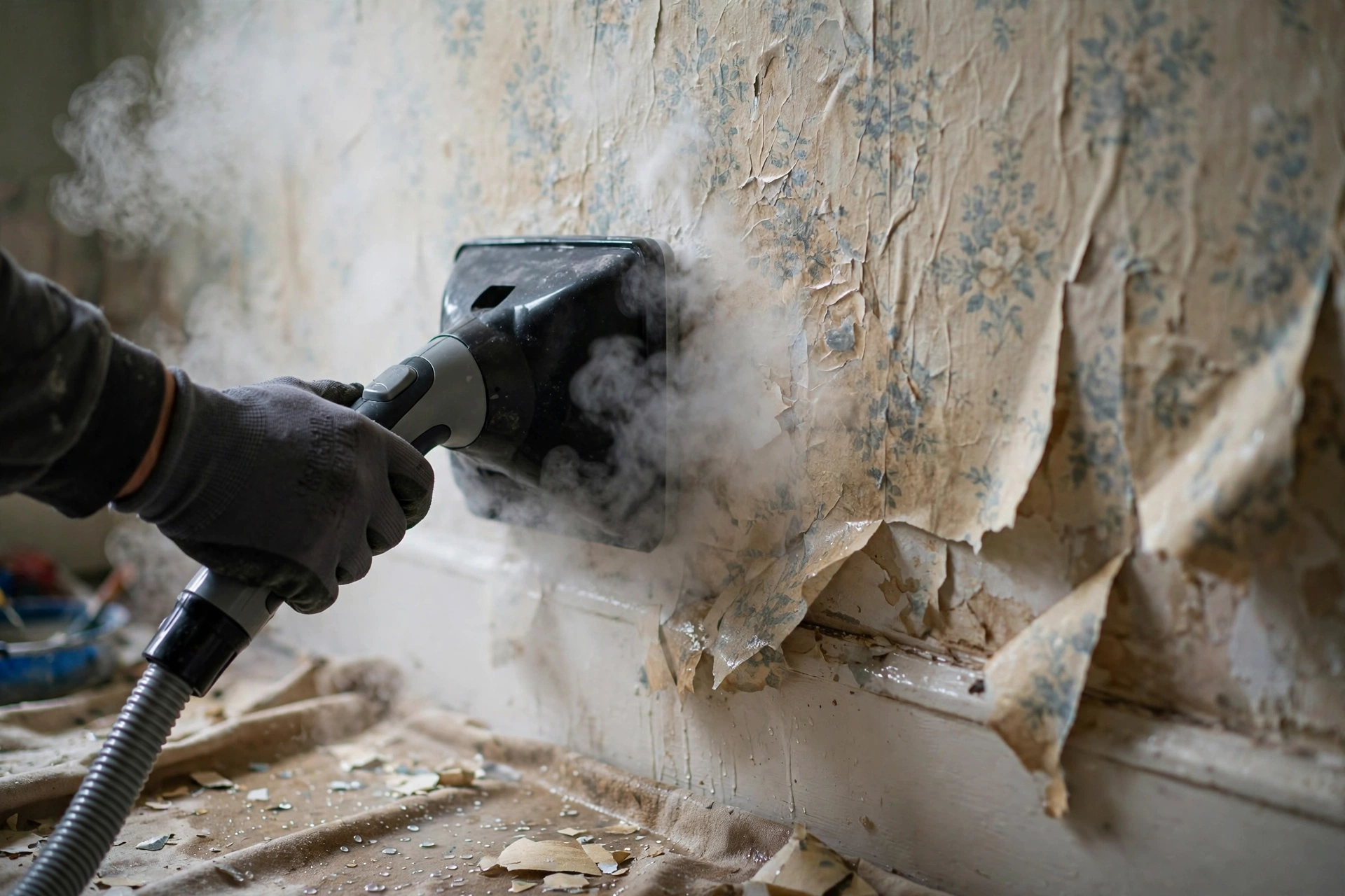 Using a wallpaper steamer to soften old wallpaper