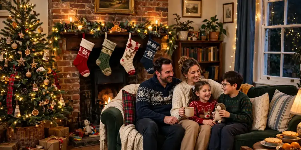 UK Christmas Traditions at Home 2026 in a cosy UK living room with family, stockings and warm festive light