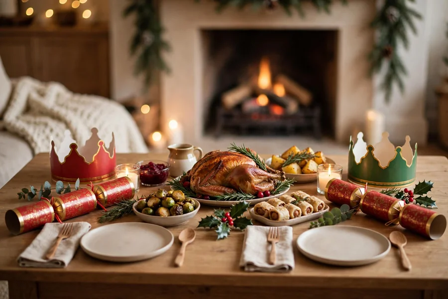 UK Christmas Traditions at Home 2026 Christmas meal table with crackers and paper crowns