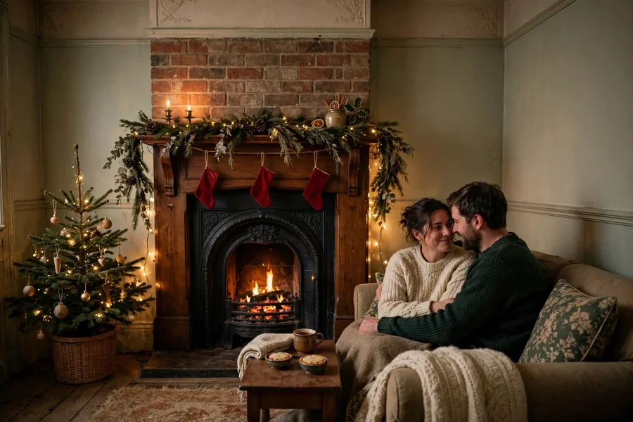 UK Christmas Traditions at Home 2026 in a smaller UK period home living room at Christmas